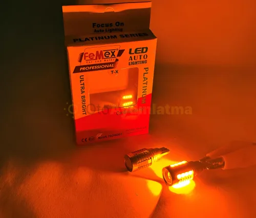 Peugeot 3008 2 led sinyal ampulü - Femex T15 Mercekli LED Ampul Platinum - W16W 18SMD 3035 Chip Turuncu